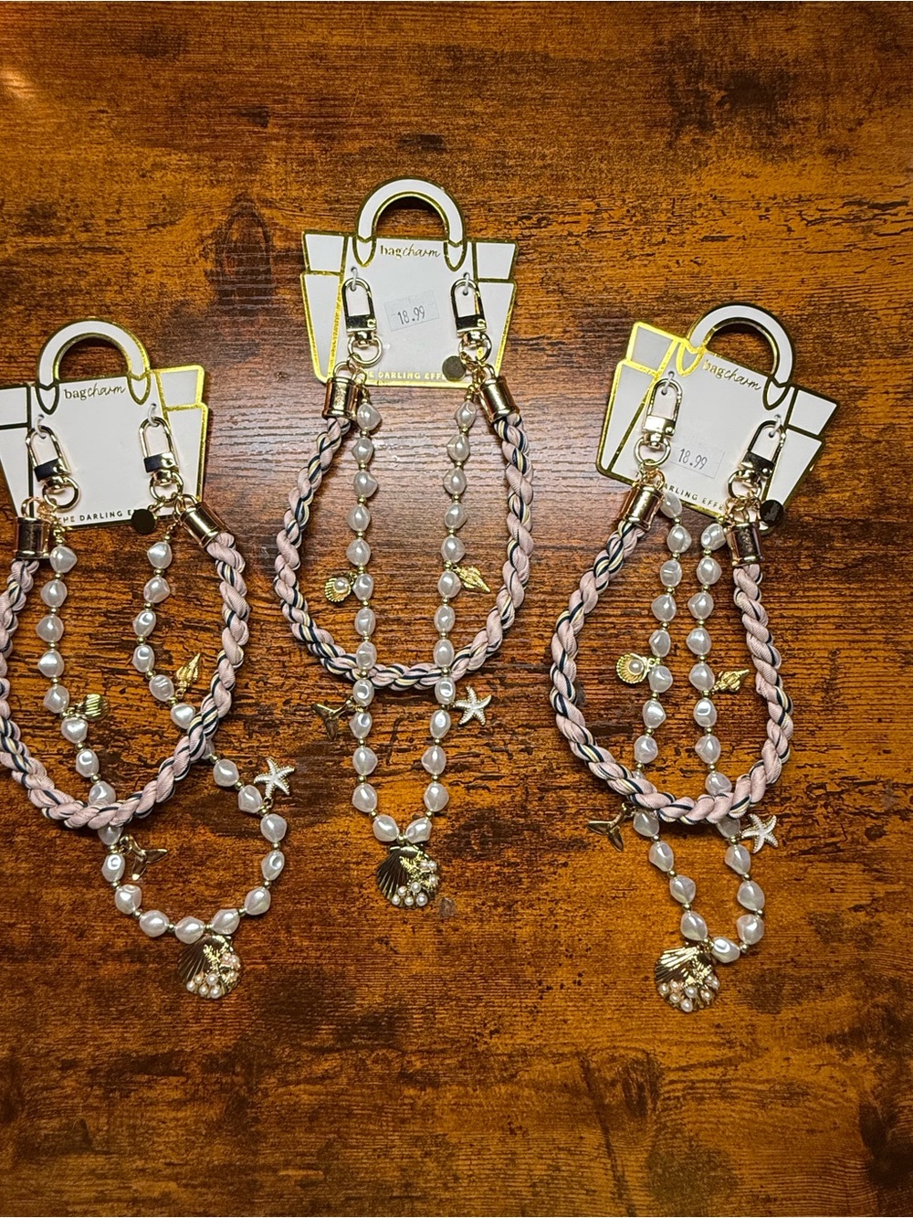 Pearl & Braided Pink Strap Bag Charm - Gold Accents